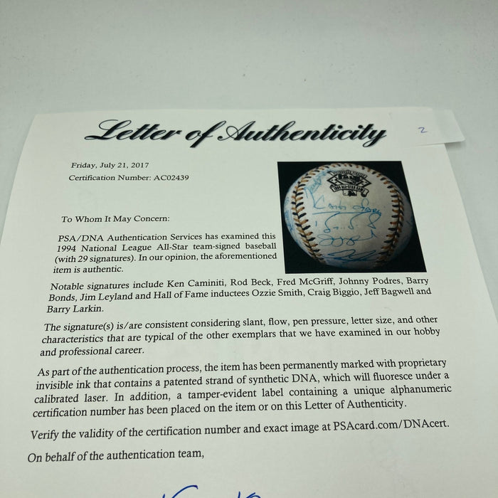 1994 All Star Game National League Team Signed Baseball Barry Bonds PSA DNA COA
