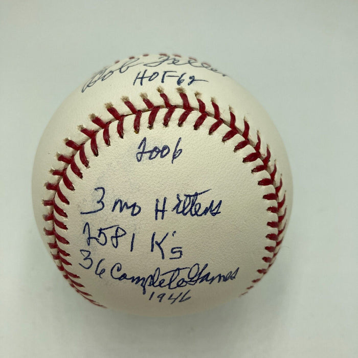 Bob Feller Signed Heavily Inscribed Career STAT Baseball JSA COA