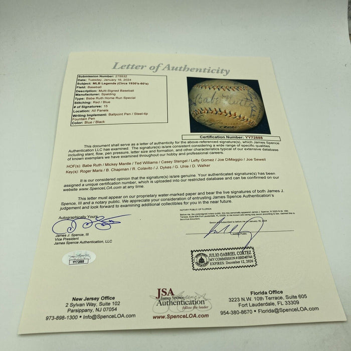 Babe Ruth, Mickey Mantle, Joe Dimaggio & Roger Maris Signed Baseball JSA COA