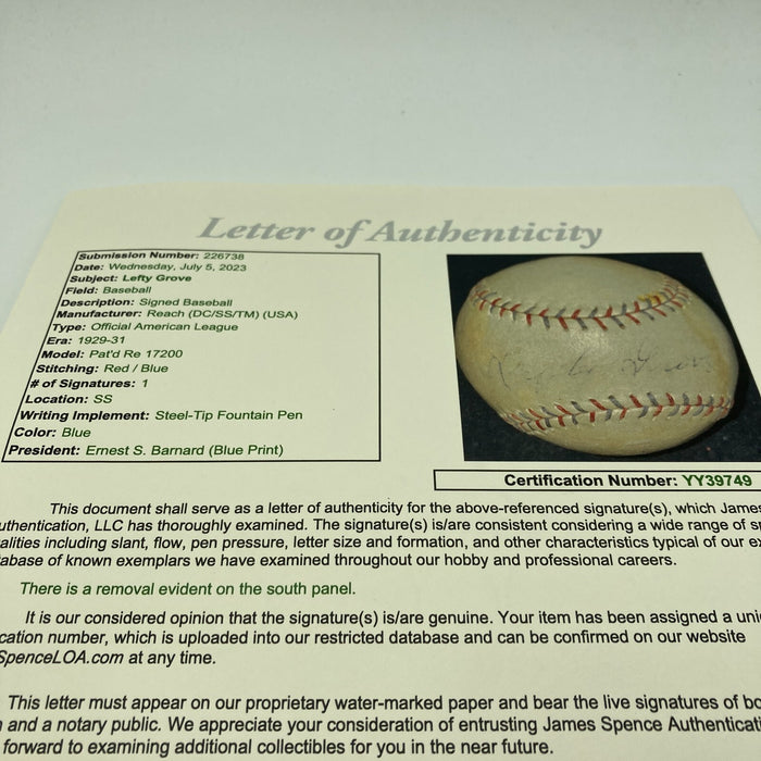 Lefty Grove Playing Days Signed 1929 American League Baseball JSA COA