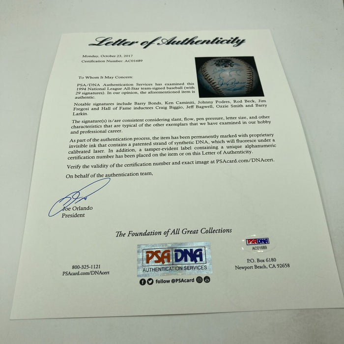 1994 All Star Game National League Team Signed Baseball Barry Bonds PSA DNA COA