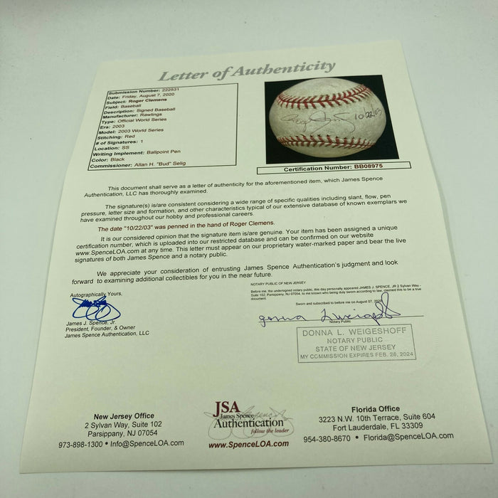 Roger Clemens 2003 World Series Game Used Signed Baseball JSA COA MLB Authentic