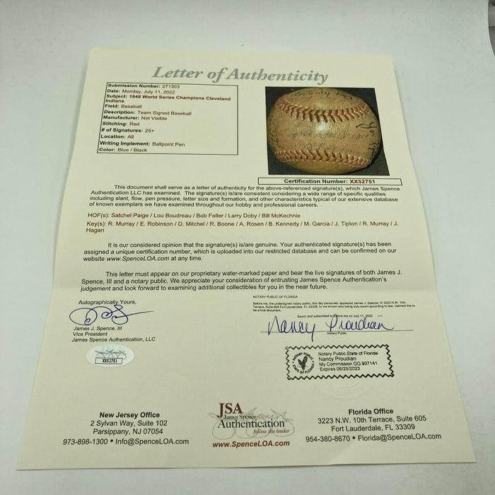 1948 Cleveland Indians W.S. Champs Team Signed Baseball Satchel Paige JSA COA