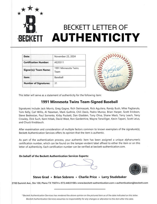 1991 Minnesota Twins World Series Champs Team Signed W.S. Baseball Beckett COA