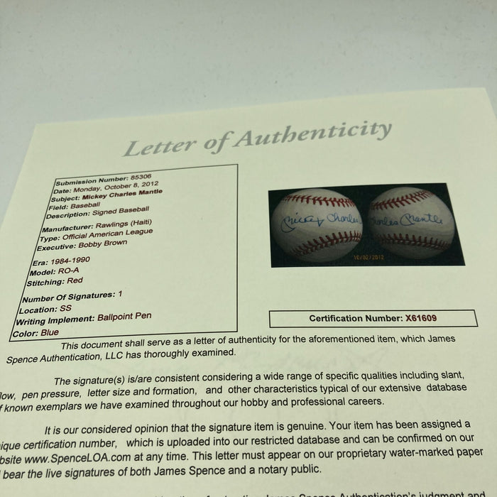 Mint Mickey Charles Mantle Signed American League Baseball JSA COA