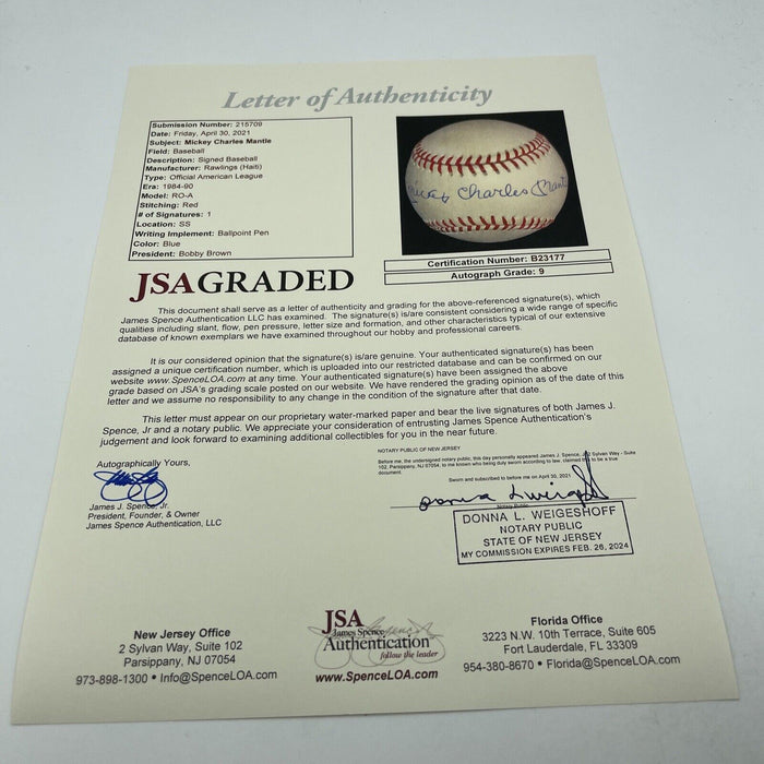 Beautiful Mickey Charles Mantle Full Name Signed AL Baseball JSA Graded MINT 9