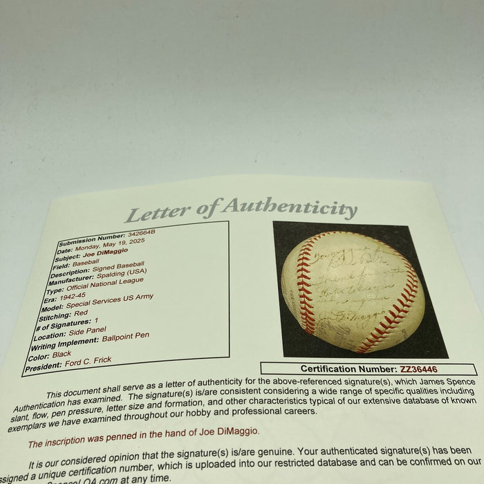 Joe Dimaggio Signed 1944 World War 2 Official National League Baseball JSA COA