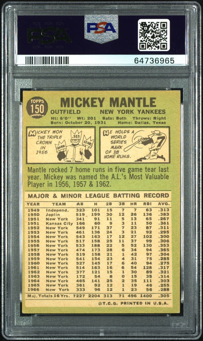 1967 Topps Mickey Mantle #150 Signed Baseball Card PSA DNA 8 Auto