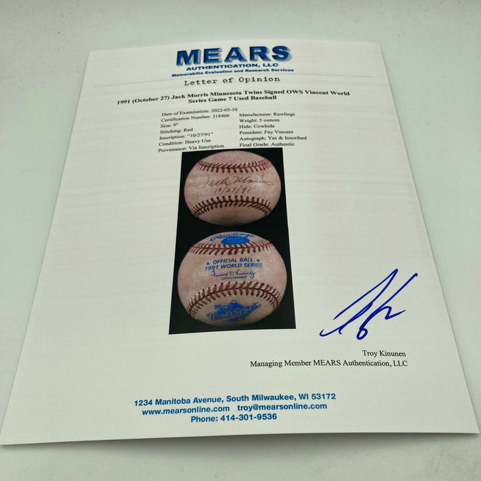 Historic Jack Morris Signed 1991 World Series Game 7 Game Used Baseball MEARS