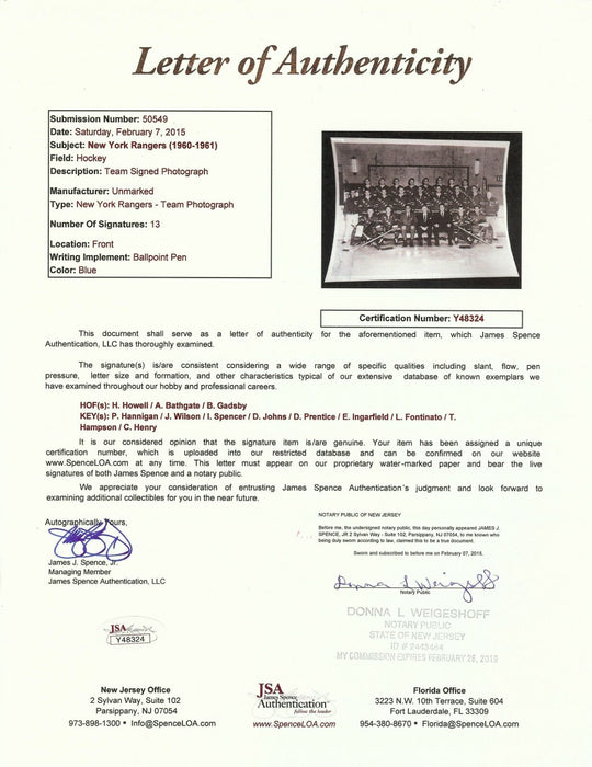 1960-61 New York Rangers Team Signed 8x10 Photo With JSA COA