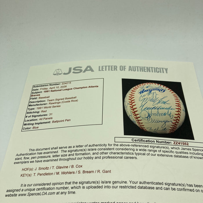1991 Atlanta Braves NL Champs Team Signed World Series Baseball 31 Sigs JSA COA