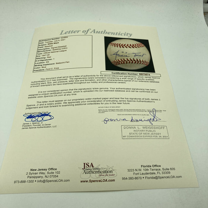 Beautiful Willie Mays Signed 1940's National League Frick Baseball With JSA COA
