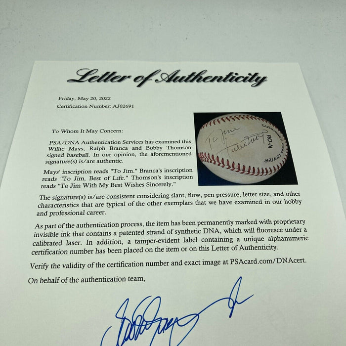 Willie Mays Bobby Thomson Branca Shot Heard 'Round World Signed Baseball PSA DNA