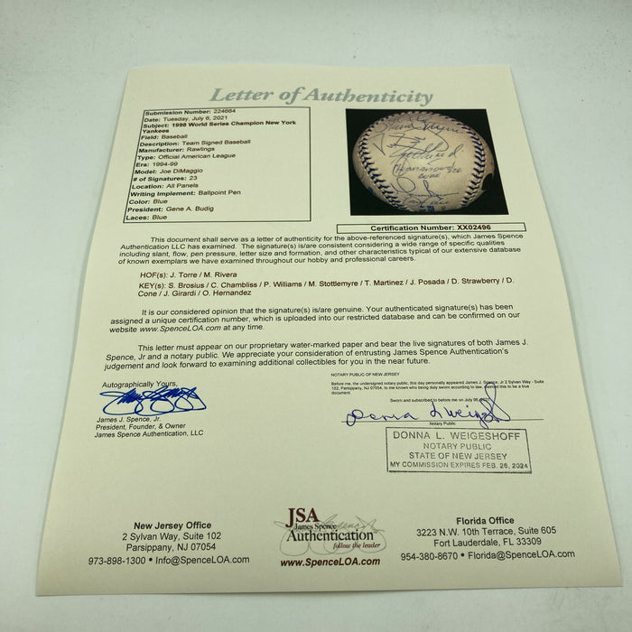 1998 New York Yankees World Series Champs Team Signed Baseball With JSA COA