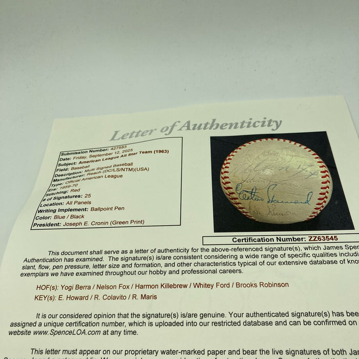 1963 All Star Game Team Signed Baseball Nellie Fox Yogi Berra Roger Maris JSA