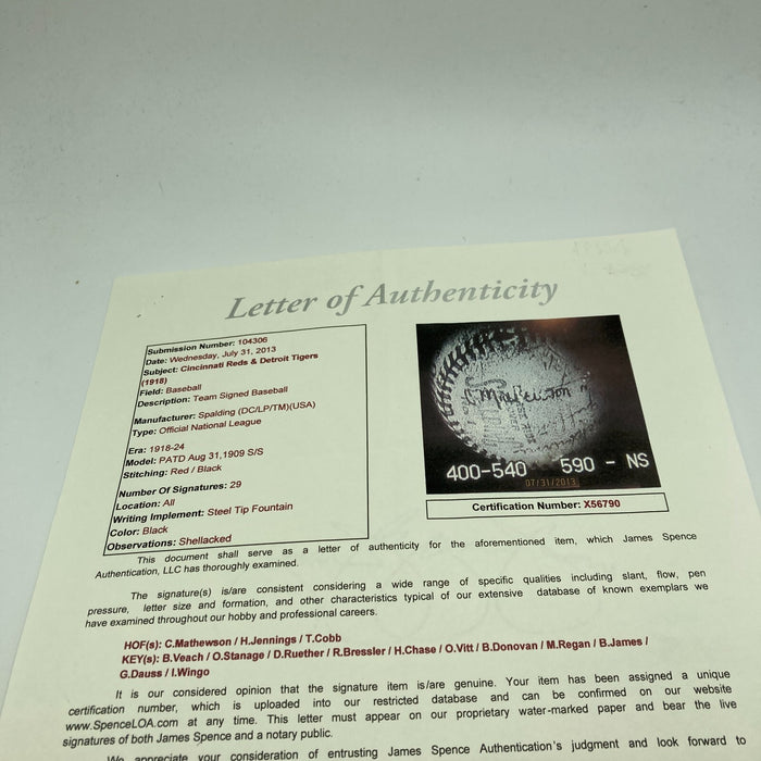 Christy Mathewson & Ty Cobb 1918 Team Signed National League Baseball JSA COA