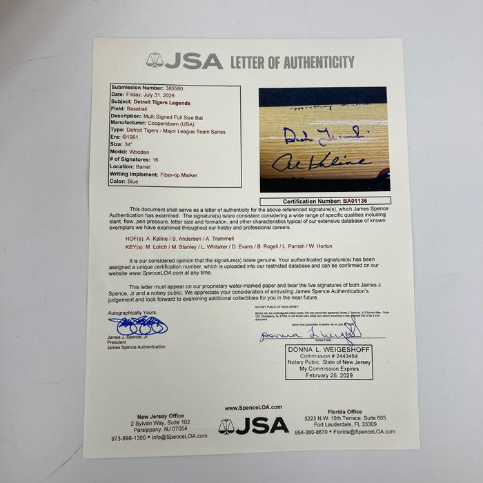 Detroit Tigers Hall Of Fame Legends Multi Signed Cooperstown Baseball Bat JSA