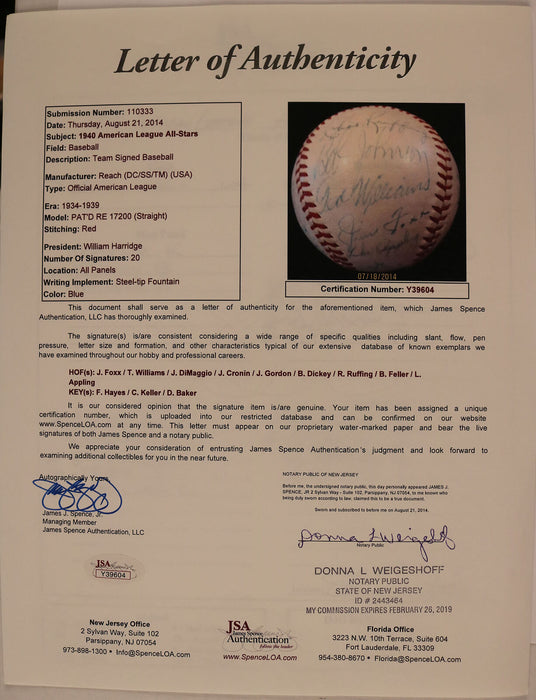 The Finest 1940 All Star Game Team Signed Baseball Jimmie Foxx Joe DiMaggio JSA