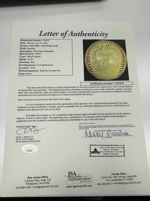 Paul Waner Signed Official League Baseball JSA COA