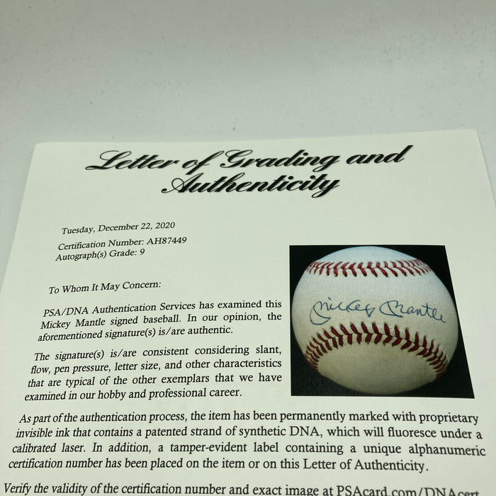 Mickey Mantle Signed American League Baseball PSA DNA Graded MINT 9