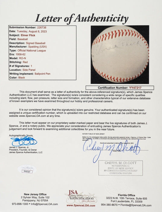 Elmer Flick Single Signed Official National League Giles Baseball HOF JSA COA