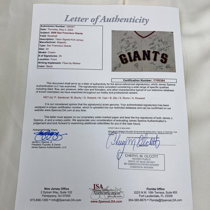 2008 San Francisco Giants Team Signed Majestic Jersey 25 Sigs JSA COA