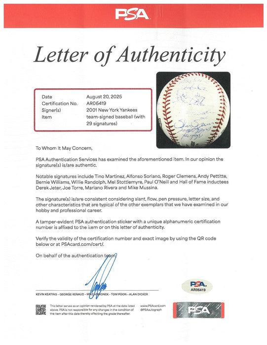 2001 New York Yankees AL Champs Team Signed World Series Baseball PSA DNA COA