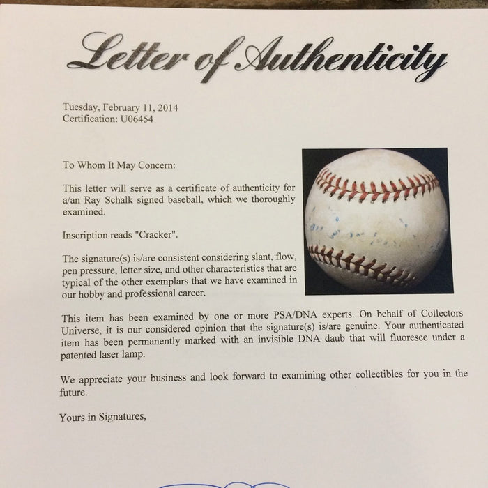 Ray Schalk Single Signed American League Harridge Baseball PSA DNA COA HOF