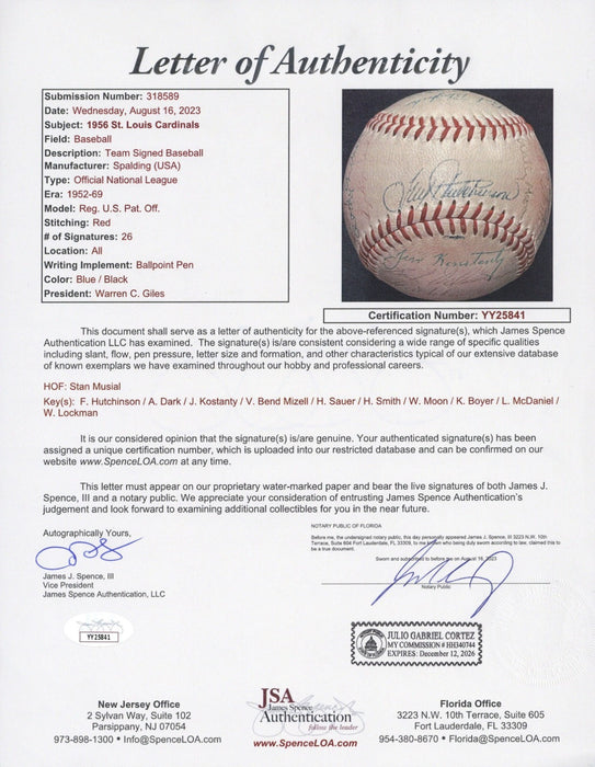 1956 St. Louis Cardinals Team Signed Baseball Stan Musial JSA COA