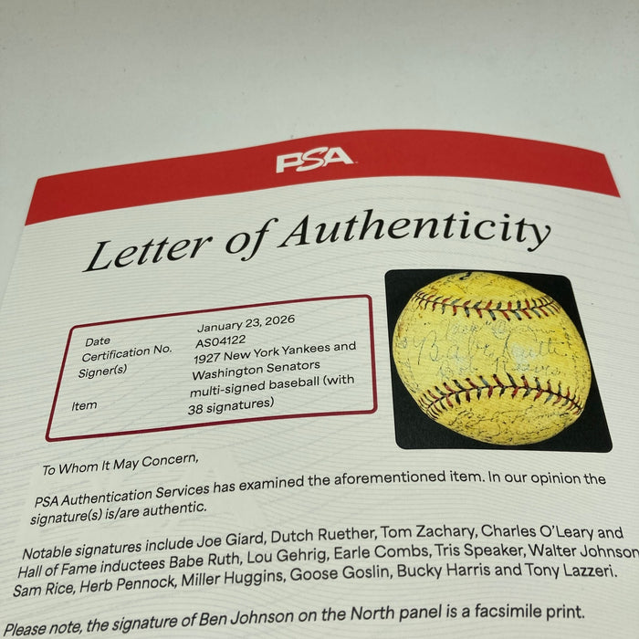 1927 New York Yankees WS Champs Team Signed Baseball Babe Ruth & Lou Gehrig PSA