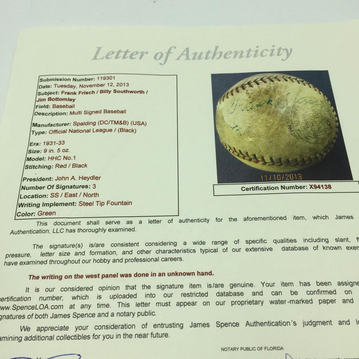 1931 Jim Bottomley Signed Game Used National League Baseball JSA COA