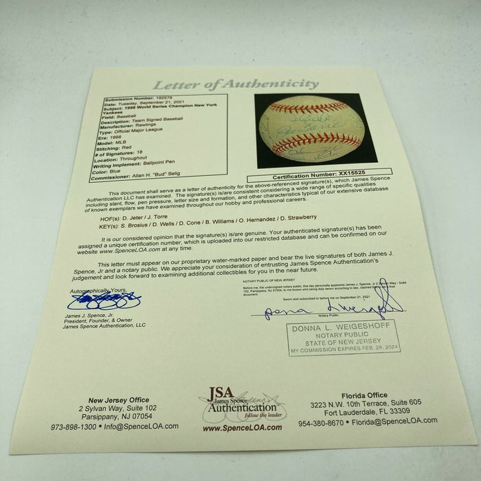 1998 New York Yankees World Series Champs Team Signed Baseball Derek Jeter JSA