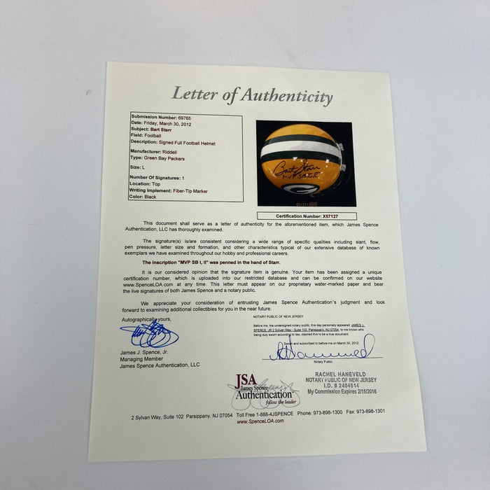 Bart Starr MVP Super Bowl 1 & 2 Signed Full Size Green Bay Packers Helmet JSA