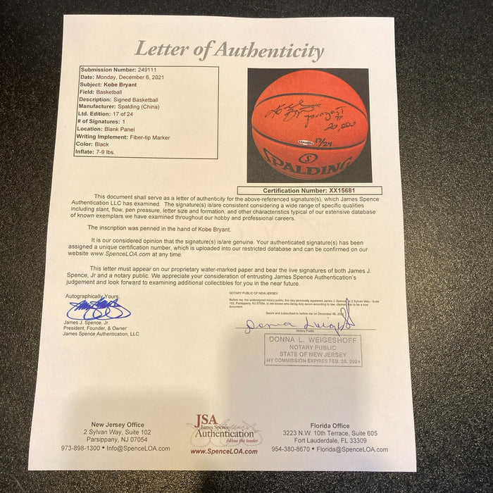 Kobe Bryant "Youngest To 20,000 Points" Signed NBA Game Basketball UDA & JSA COA
