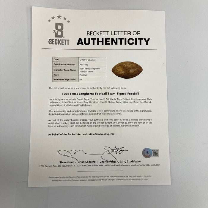 1974 Texas Longhorns Team Signed NCAA Football 25 Signatures Beckett COA