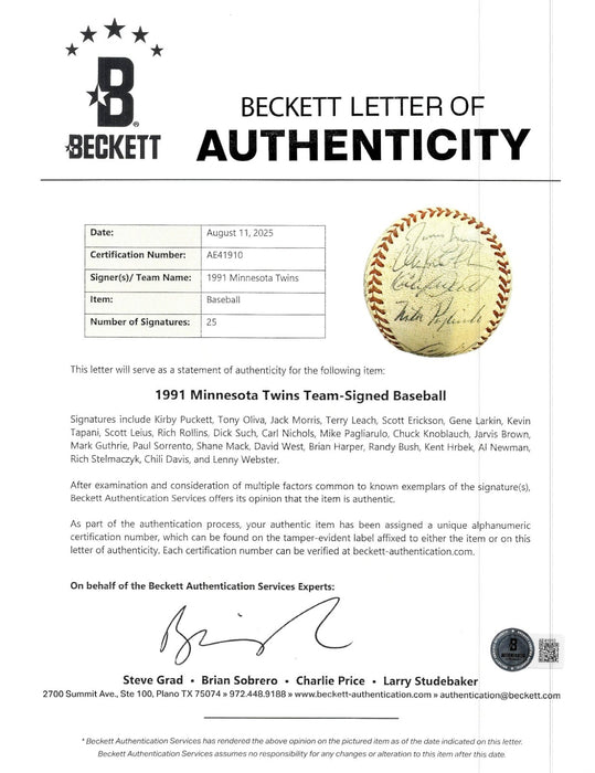 1991 Minnesota Twins World Series Champs Team Signed W.S. Baseball Beckett COA