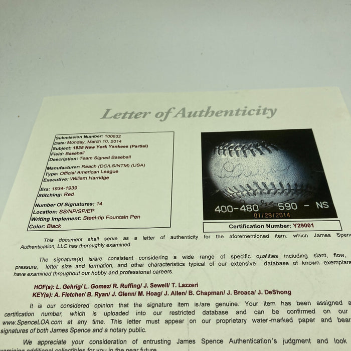 Lou Gehrig Sweet Spot 1935 New York Yankees Team Signed Baseball PSA DNA & JSA