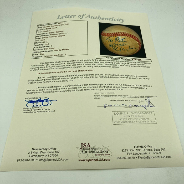 Bowie Kuhn Signed Game Used Official American League Baseball JSA COA