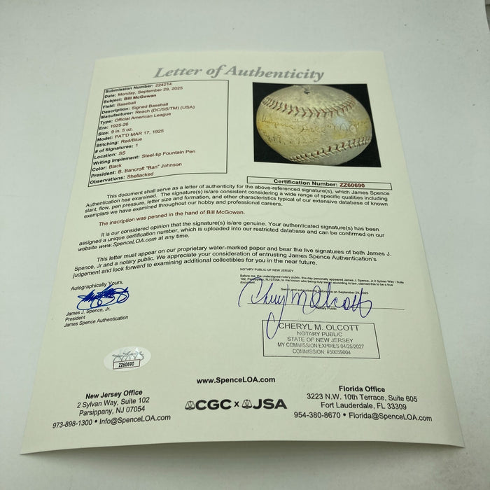 Bill McGowan Single Signed 1925 American League Baseball JSA COA RARE