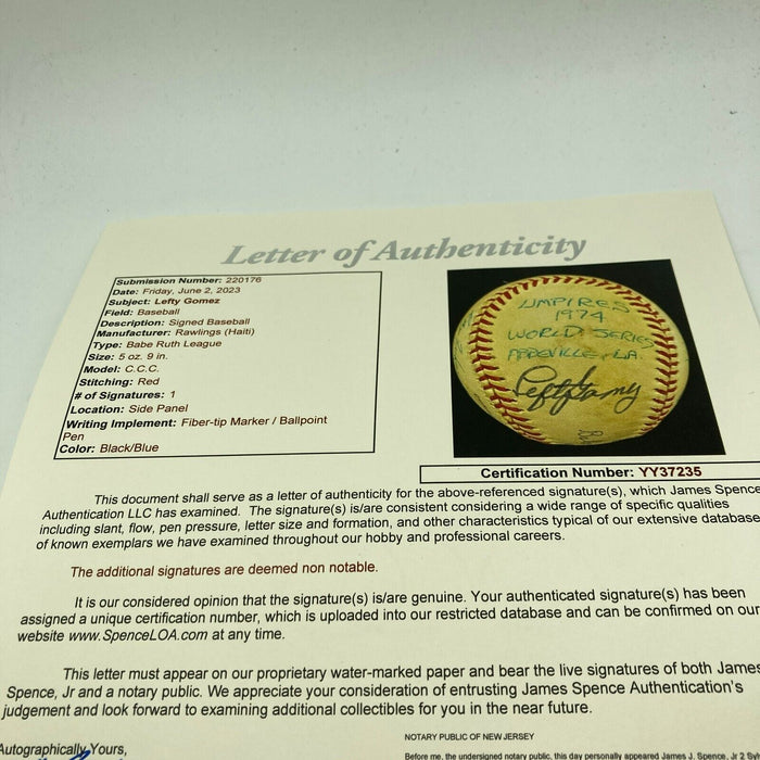 1974 Little League World Series Umpires Signed Baseball With Lefty Gomez JSA COA