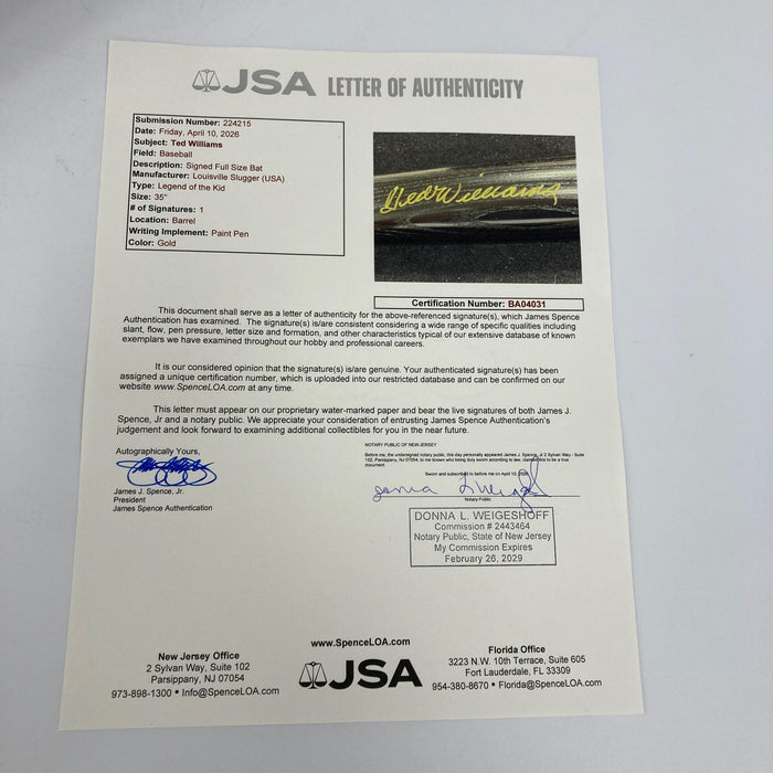 Ted Williams Signed Triple Crown Commemorative Baseball Bat JSA COA