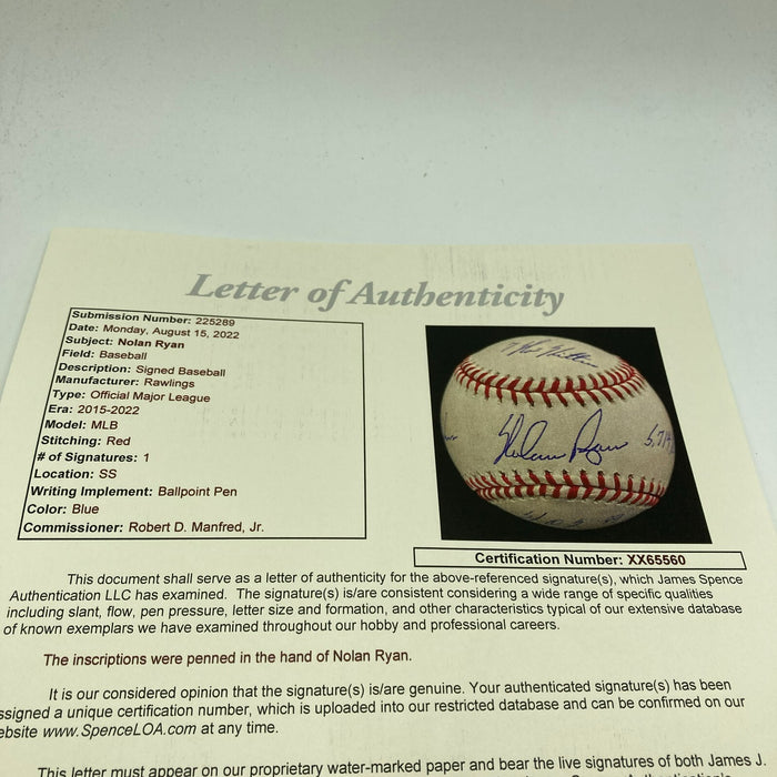 Beautiful Nolan Ryan Signed Heavily Inscribed Career STAT Baseball JSA COA