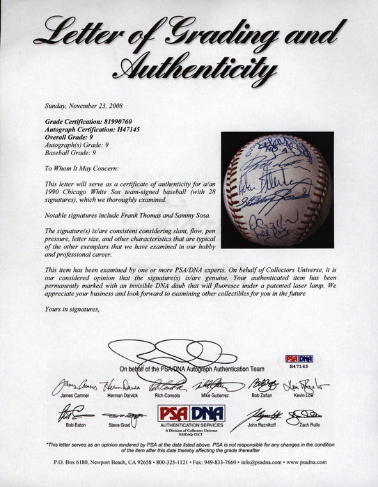 1990 Chicago White Sox Team-Signed Baseball Frank Thomas Rookie Sammy Sosa PSA