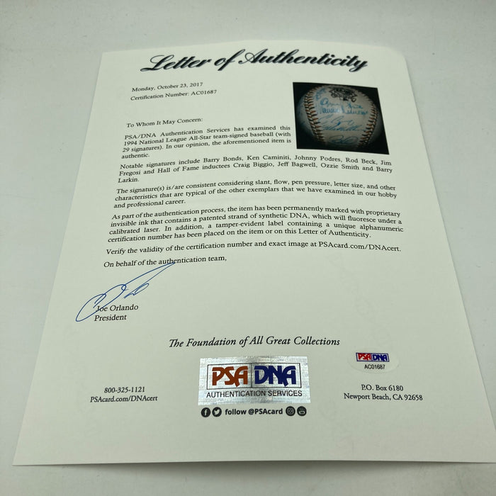 1994 All Star Game National League Team Signed Baseball Barry Bonds PSA DNA COA
