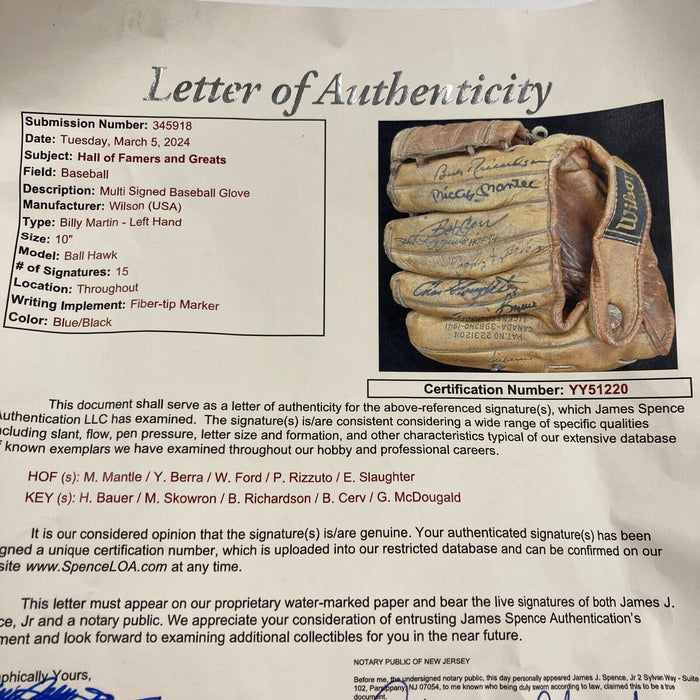 Mickey Mantle 1955 New York Yankees Team Signed Baseball Glove JSA COA