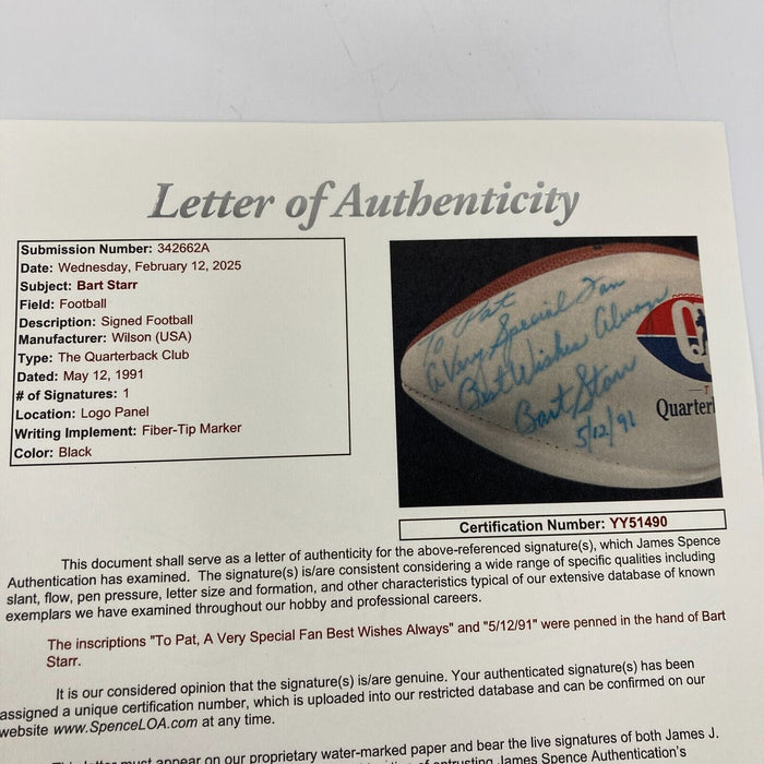 Bart Starr Signed The Quarterback Club Football JSA COA