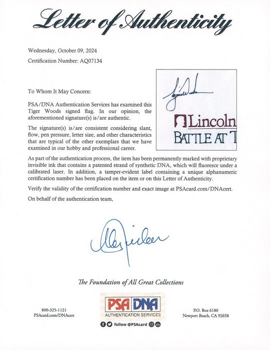 Tiger Woods Signed Autographed PGA Golf Flag PSA DNA COA