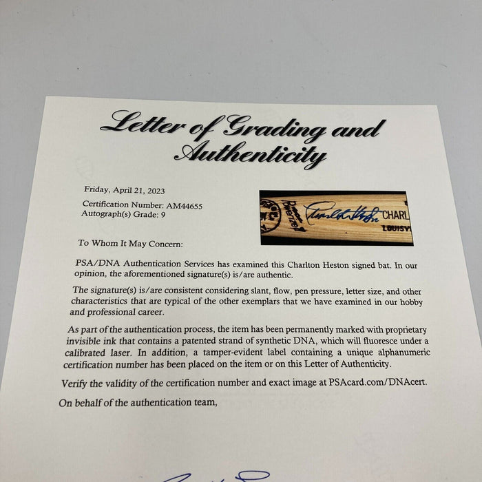 Charlton Heston Signed Game Model Louisville Slugger Baseball Bat PSA DNA MINT 9