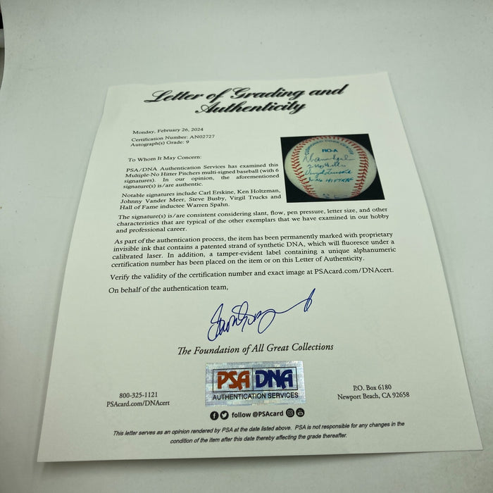 Pitchers Who Threw 2 No Hitters Signed Baseball Spahn Vandermeer PSA DNA MINT 9