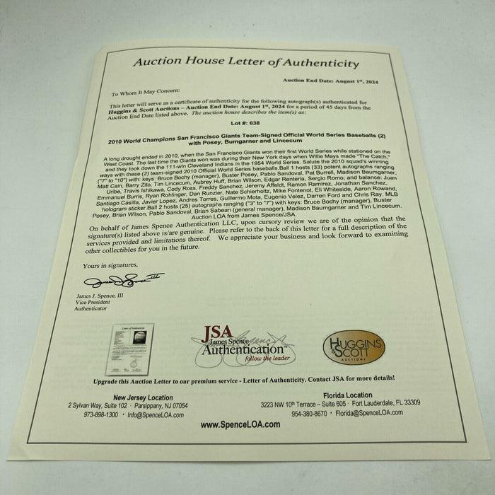 2010 San Francisco Giants World Series Champs Team Signed Baseball JSA COA
